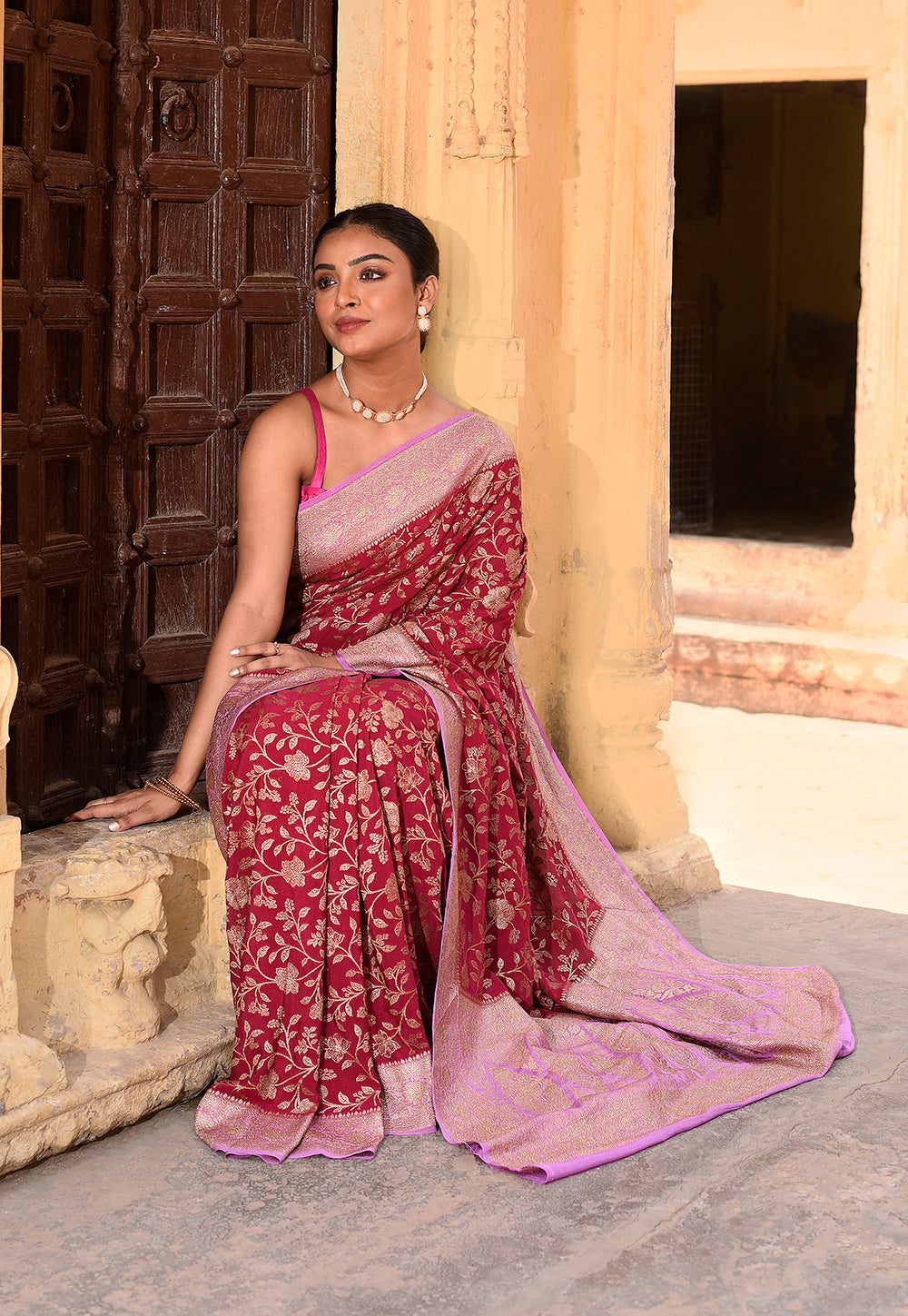 Maroon Pure Banarasi Crape Chiffon Silk Saree
