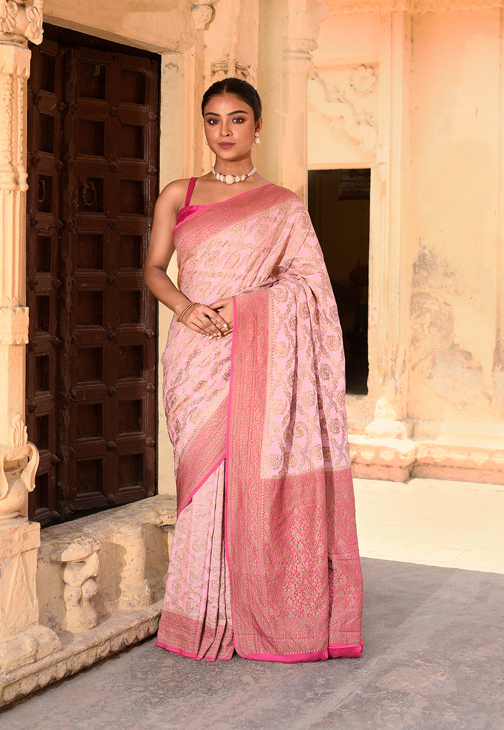 Pastel Pink Banarasi Crape Chiffon Silk Saree