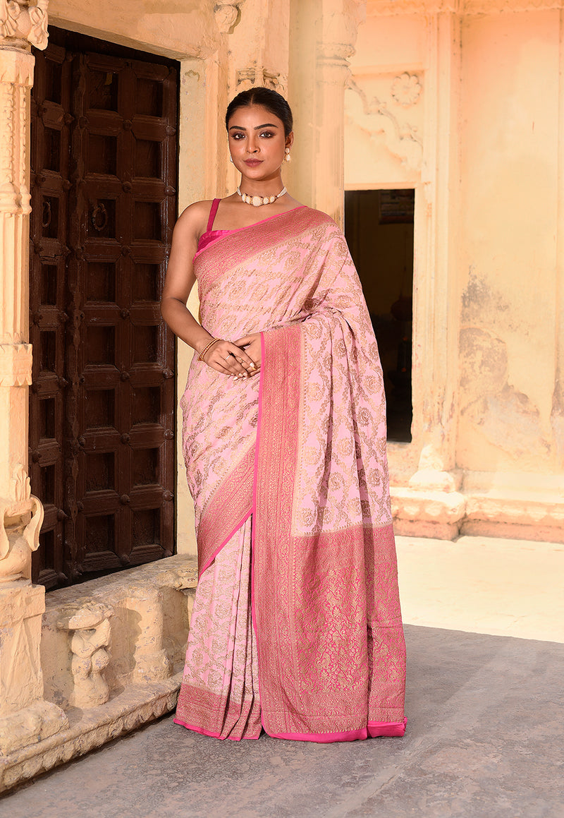 Pastel Pink Banarasi Crape Chiffon Silk Saree