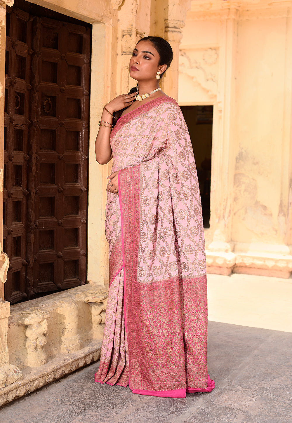 Pastel Pink Banarasi Crape Chiffon Silk Saree