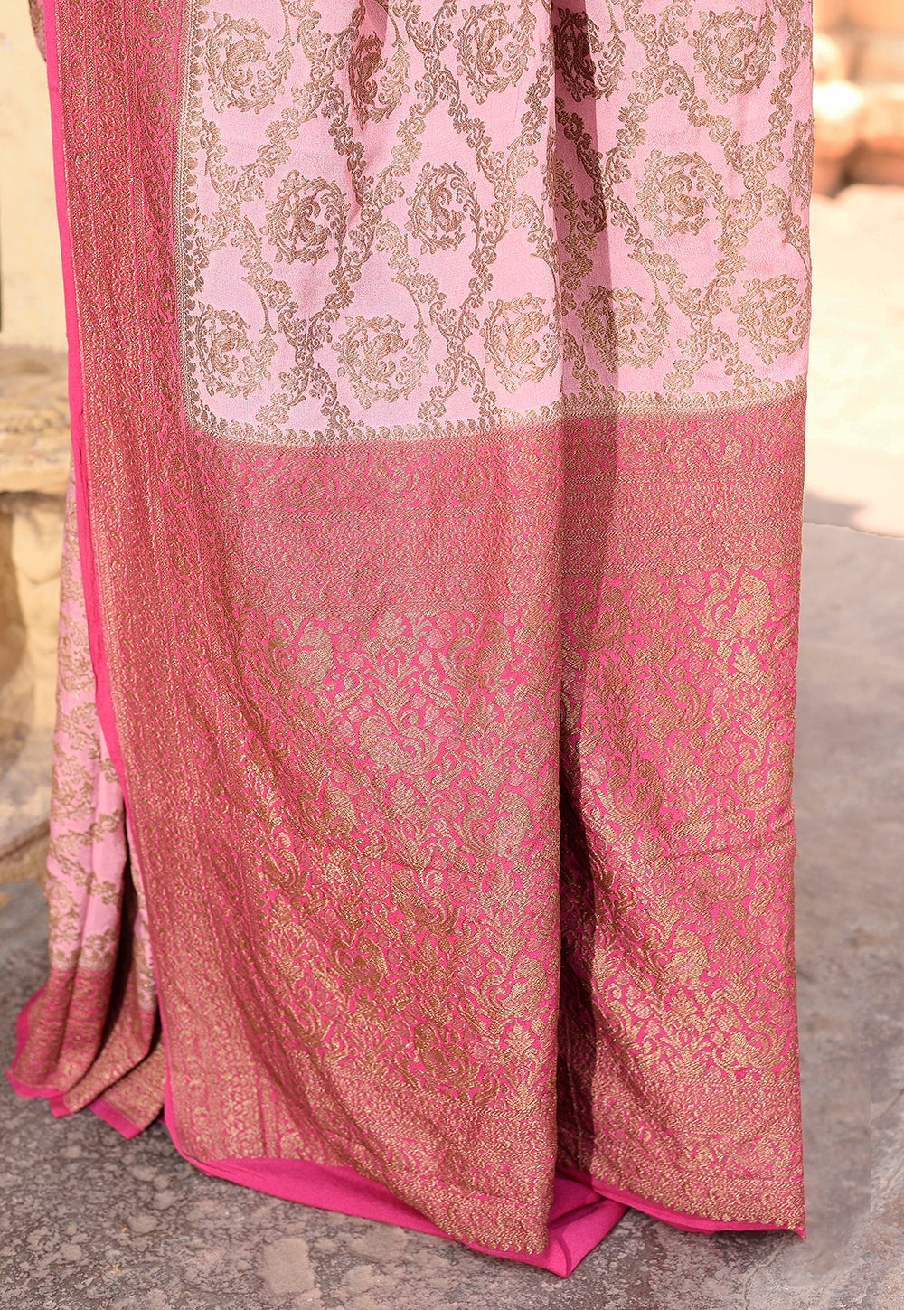 Pastel Pink Banarasi Crape Chiffon Silk Saree