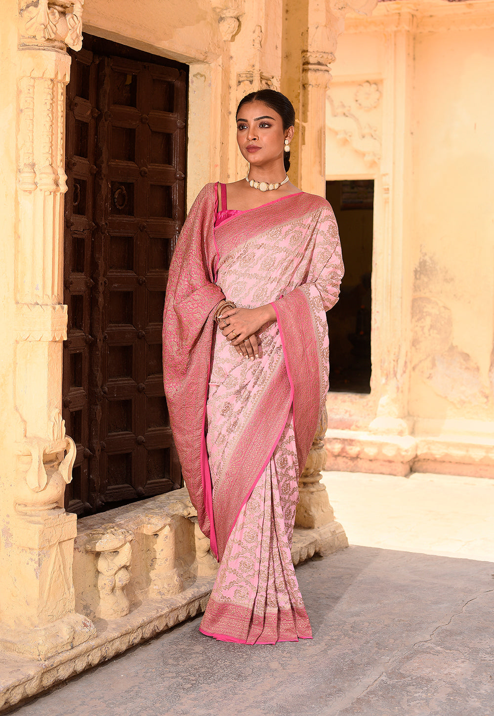 Pastel Pink Banarasi Crape Chiffon Silk Saree