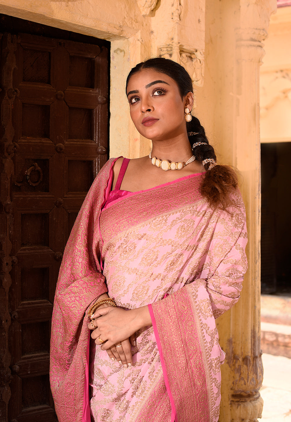 Pastel Pink Banarasi Crape Chiffon Silk Saree