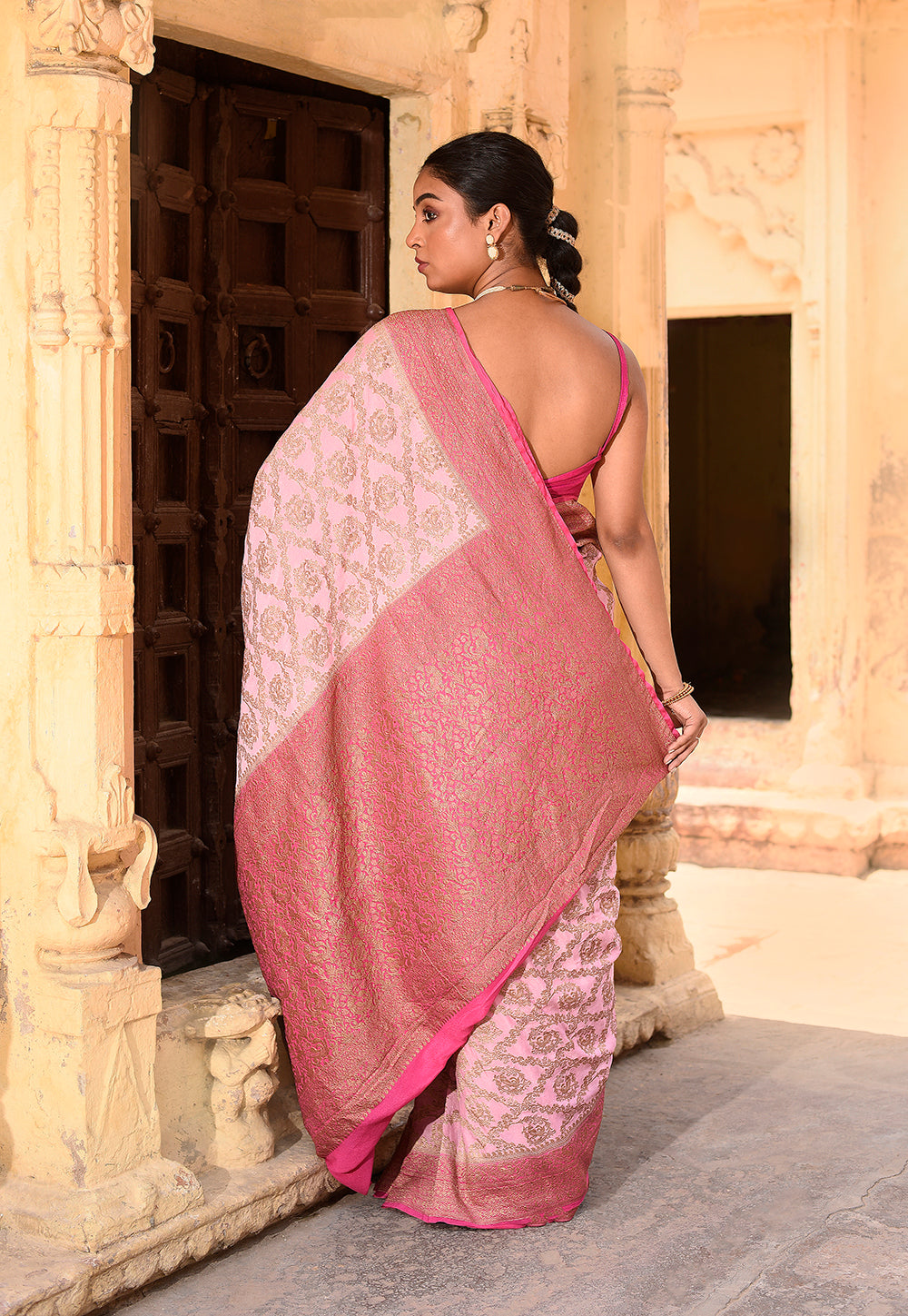 Pastel Pink Banarasi Crape Chiffon Silk Saree