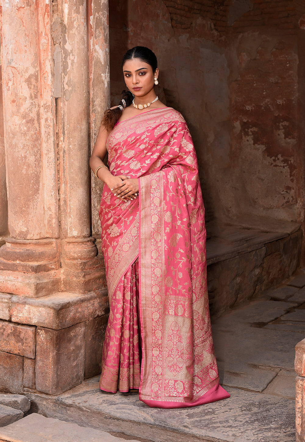 Hot Pink Banarasi Crape Chiffon Silk Saree