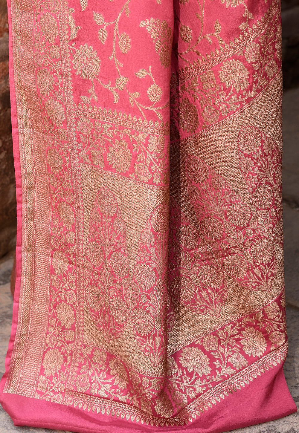 Hot Pink Banarasi Crape Chiffon Silk Saree