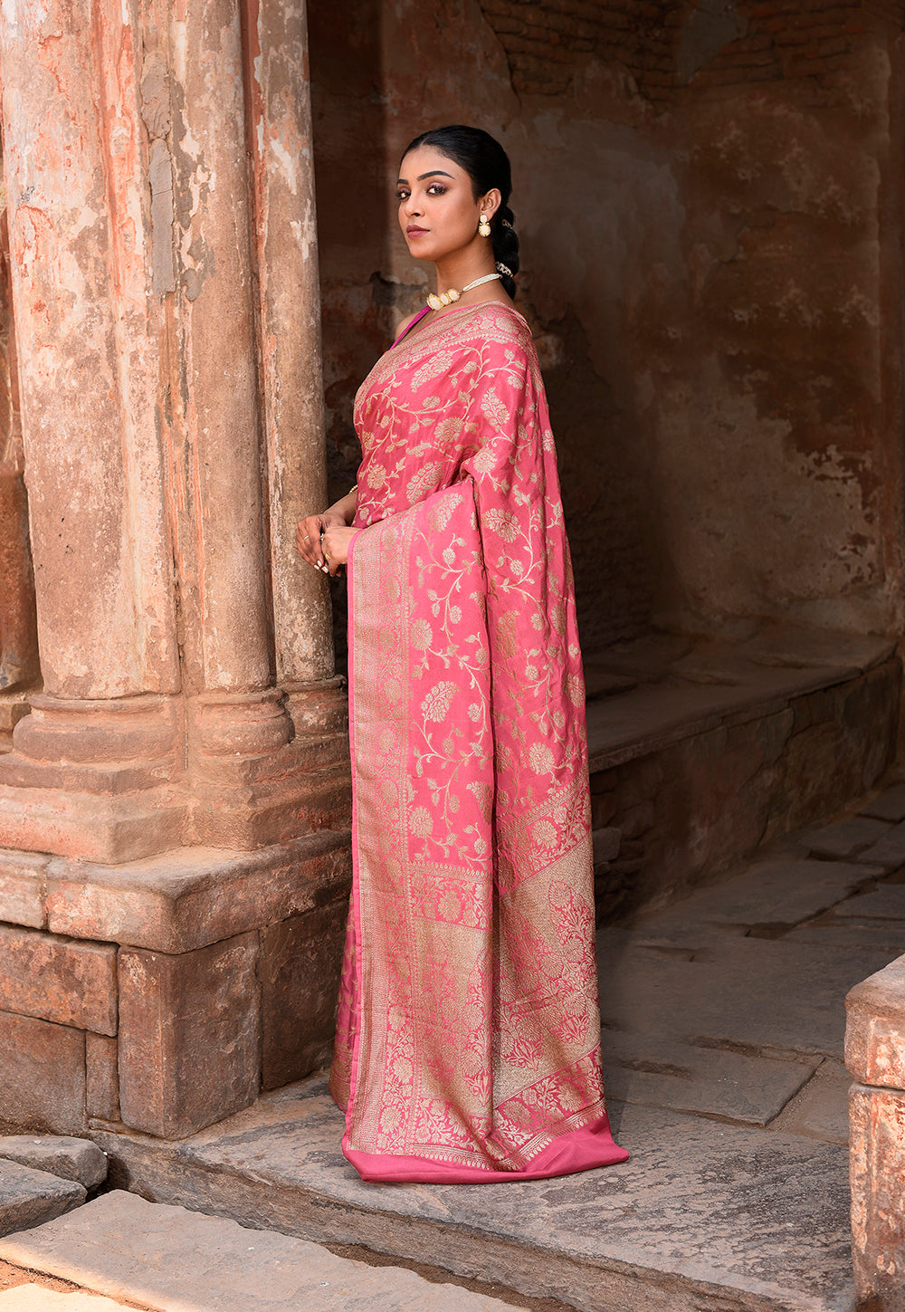 Hot Pink Banarasi Crape Chiffon Silk Saree