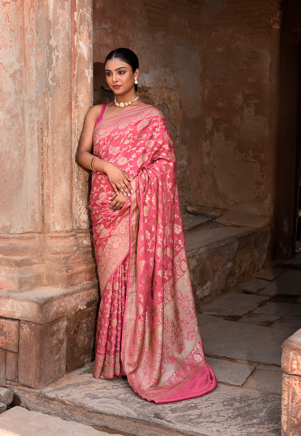 Hot Pink Banarasi Crape Chiffon Silk Saree