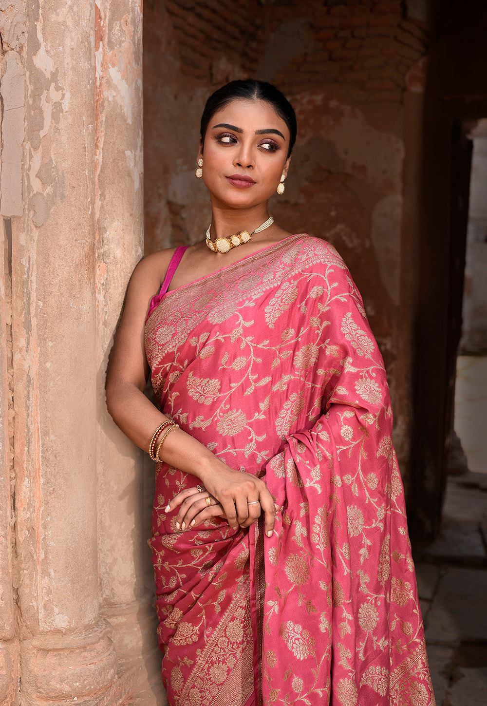 Hot Pink Banarasi Crape Chiffon Silk Saree