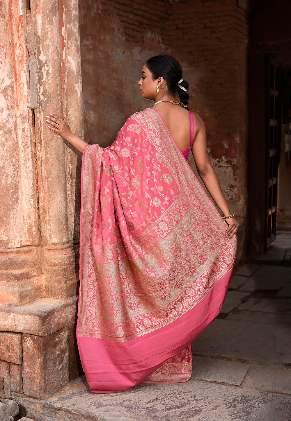 Hot Pink Banarasi Crape Chiffon Silk Saree
