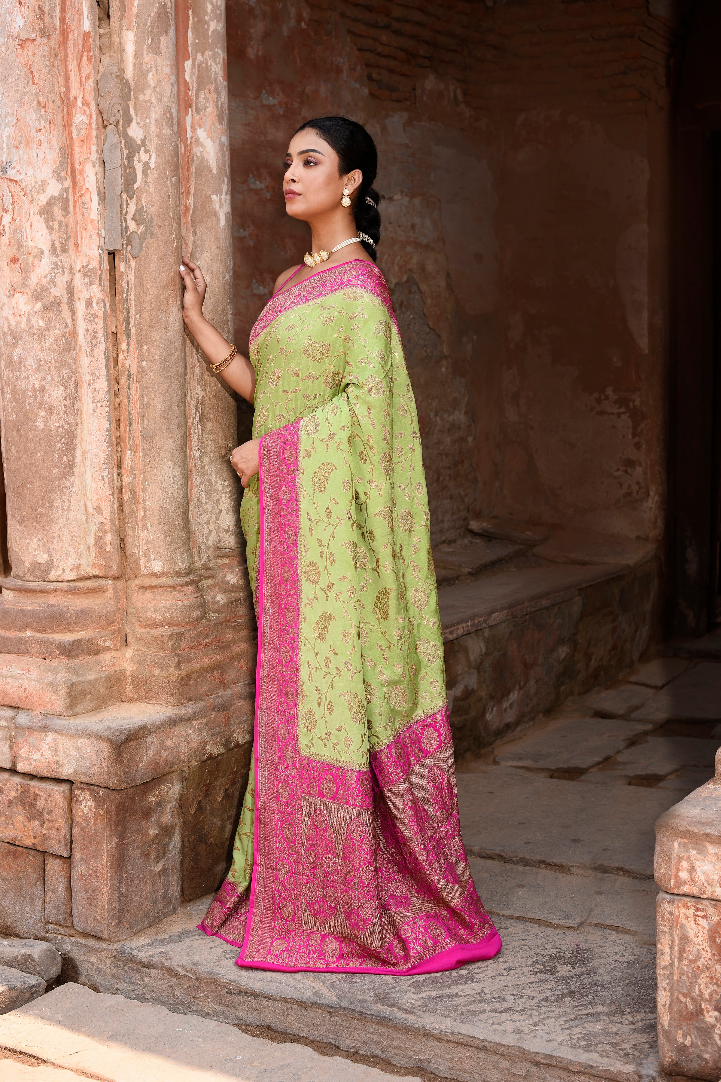 Pista Green Banarasi Crape Chiffon Silk Saree