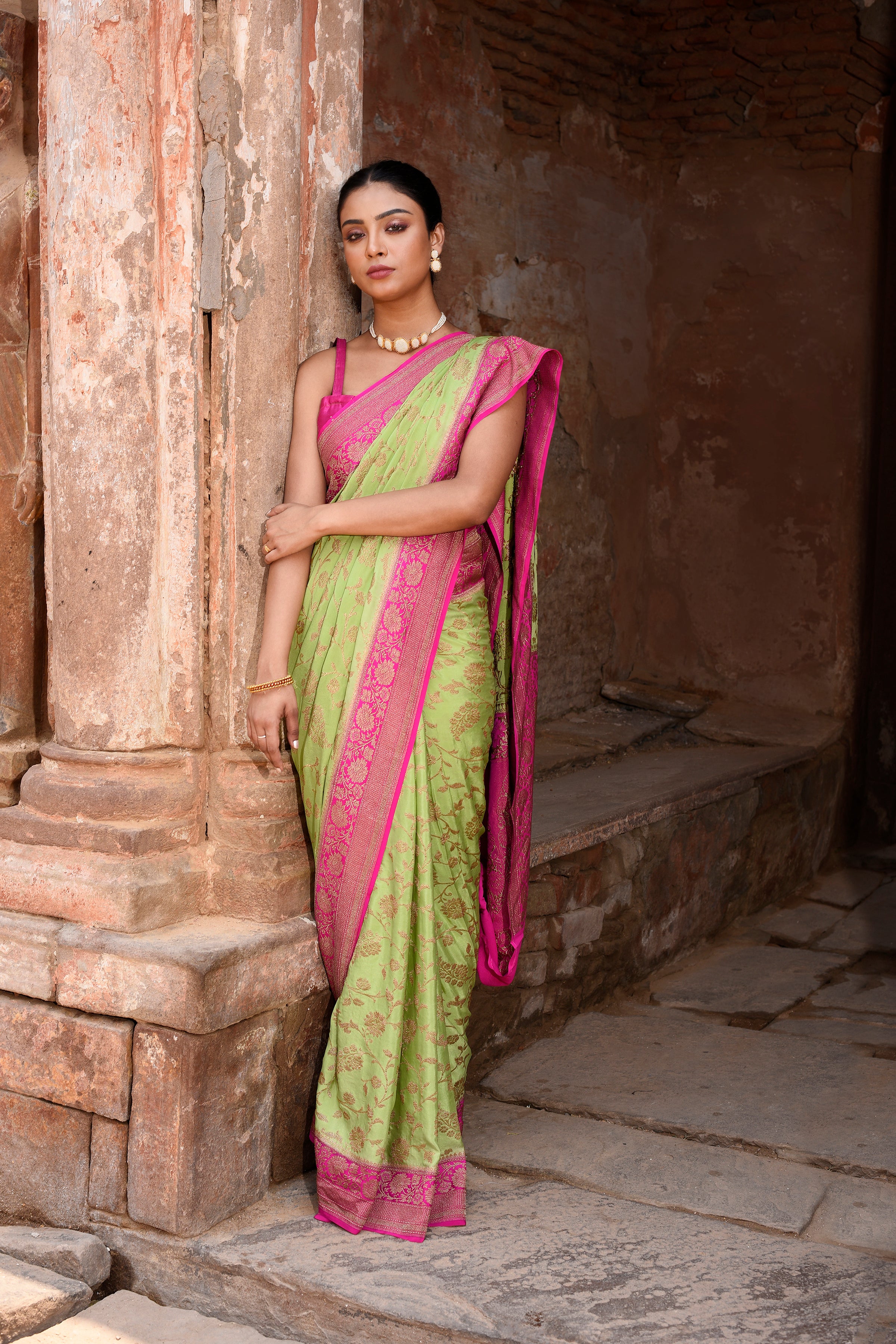 Pista Green Banarasi Crape Chiffon Silk Saree