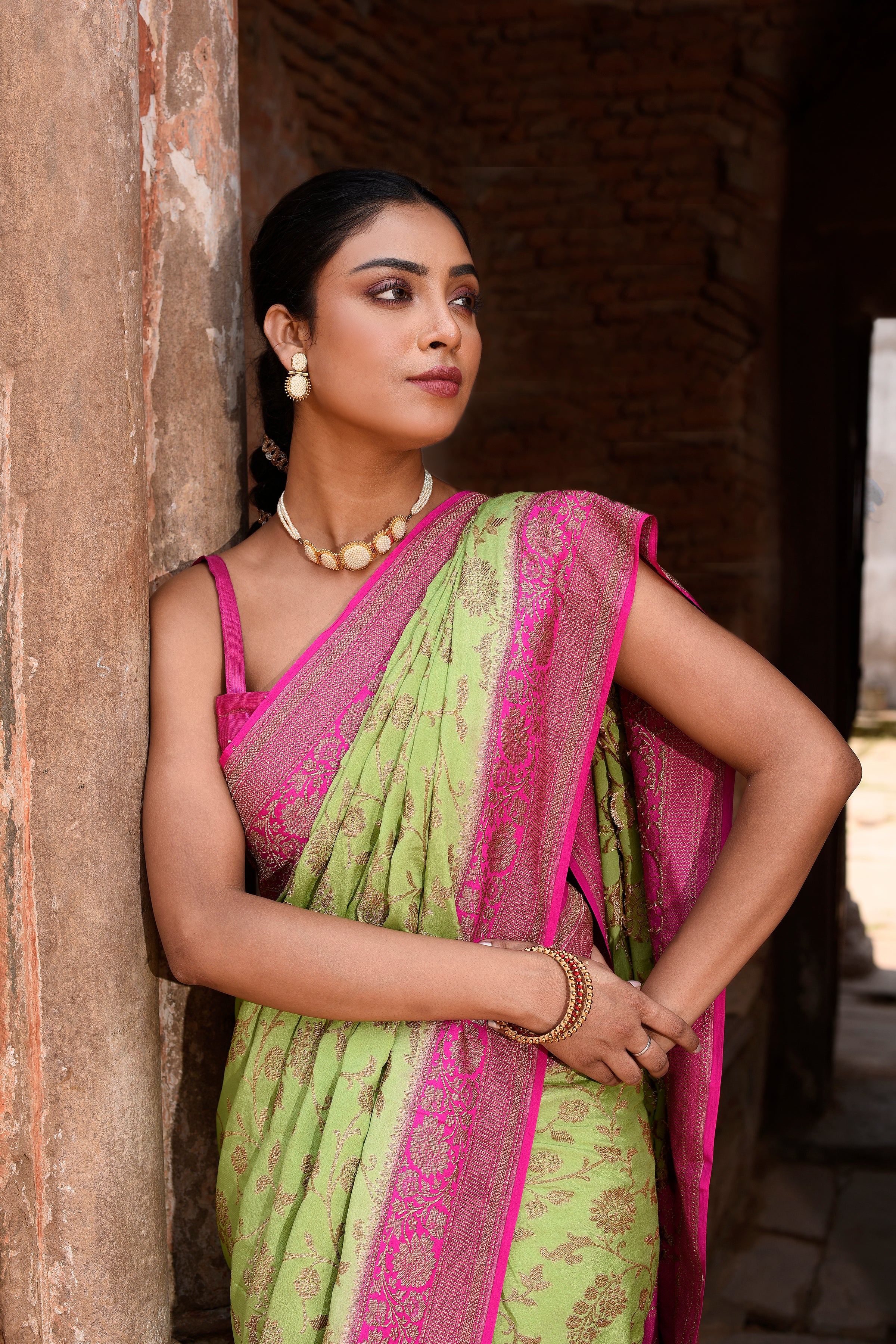 Pista Green Banarasi Crape Chiffon Silk Saree