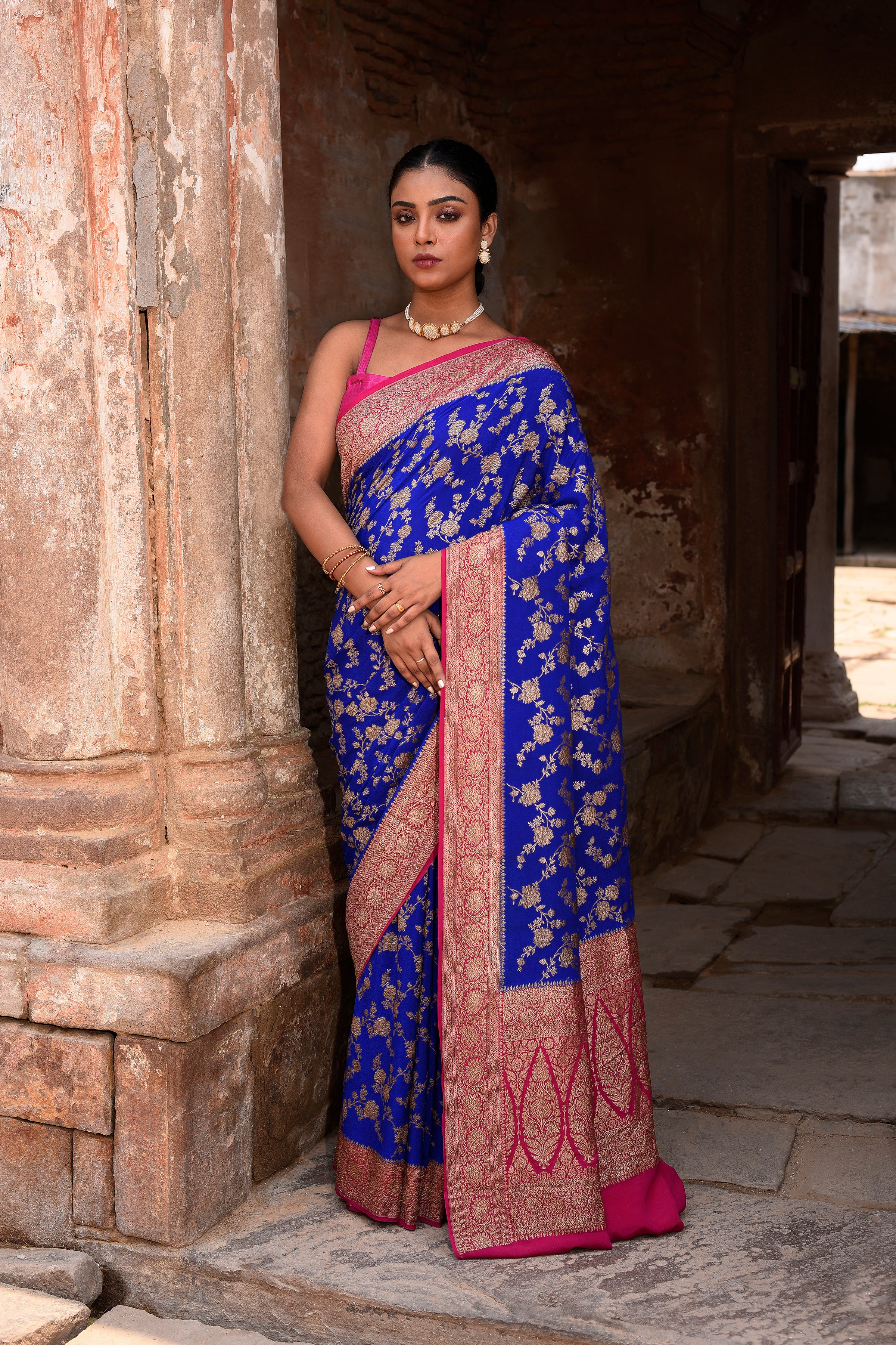 Royal Blue Banarasi Crape Chiffon Silk Saree