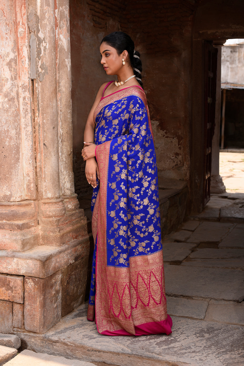 Royal Blue Banarasi Crape Chiffon Silk Saree