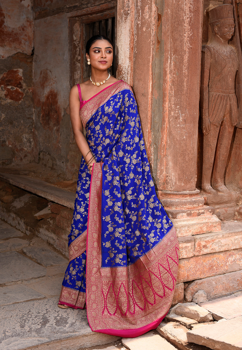 Royal Blue Banarasi Crape Chiffon Silk Saree