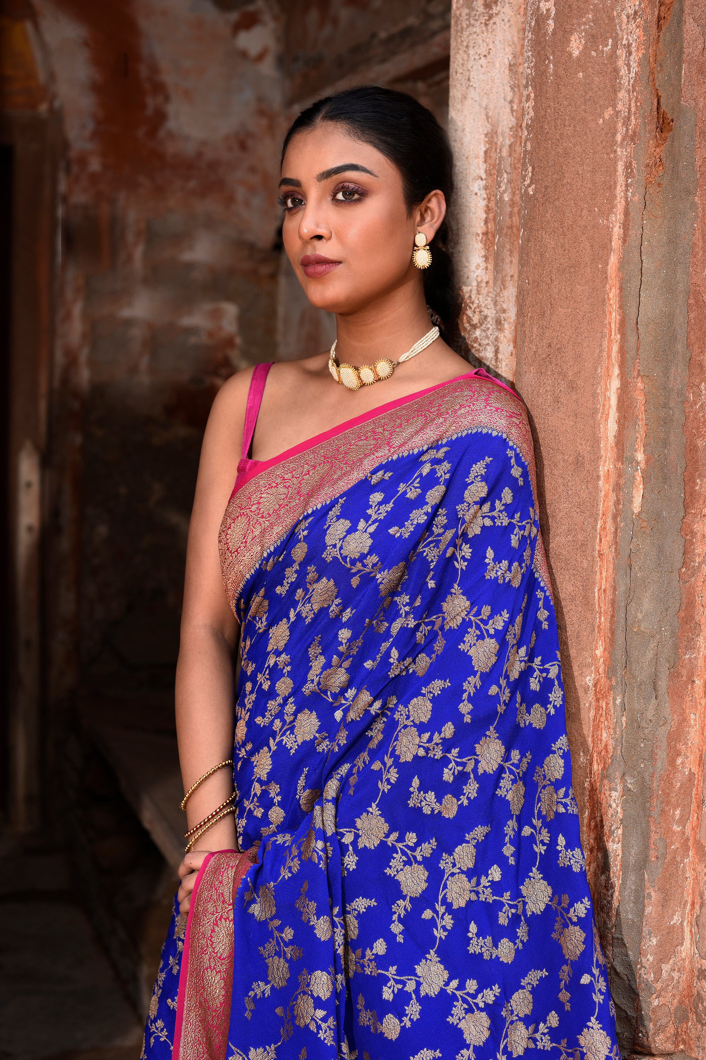 Royal Blue Banarasi Crape Chiffon Silk Saree