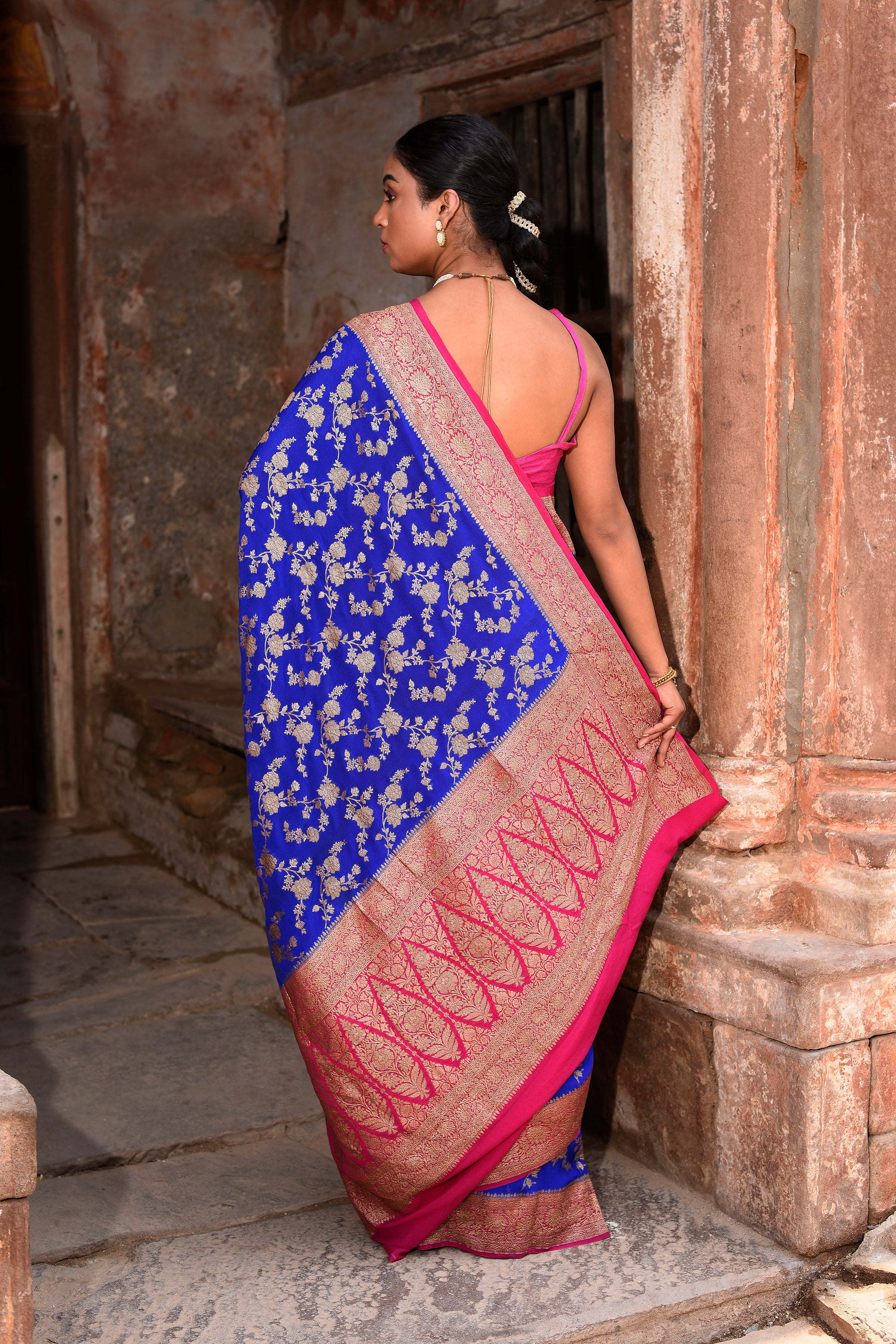 Royal Blue Banarasi Crape Chiffon Silk Saree