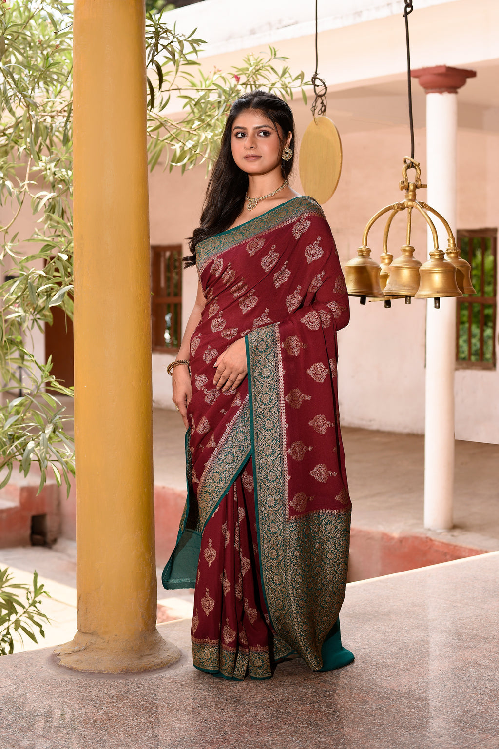 Coca brown Banarasi Crape Chiffon Silk Saree