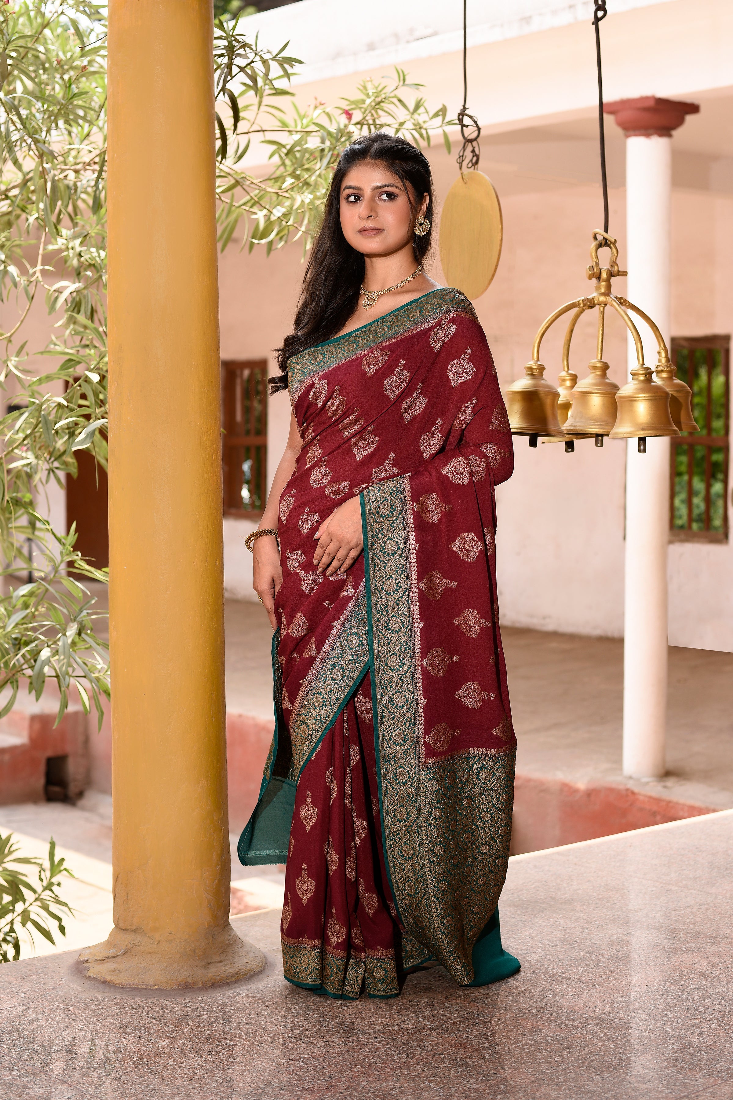 Coca brown Banarasi Crape Chiffon Silk Saree