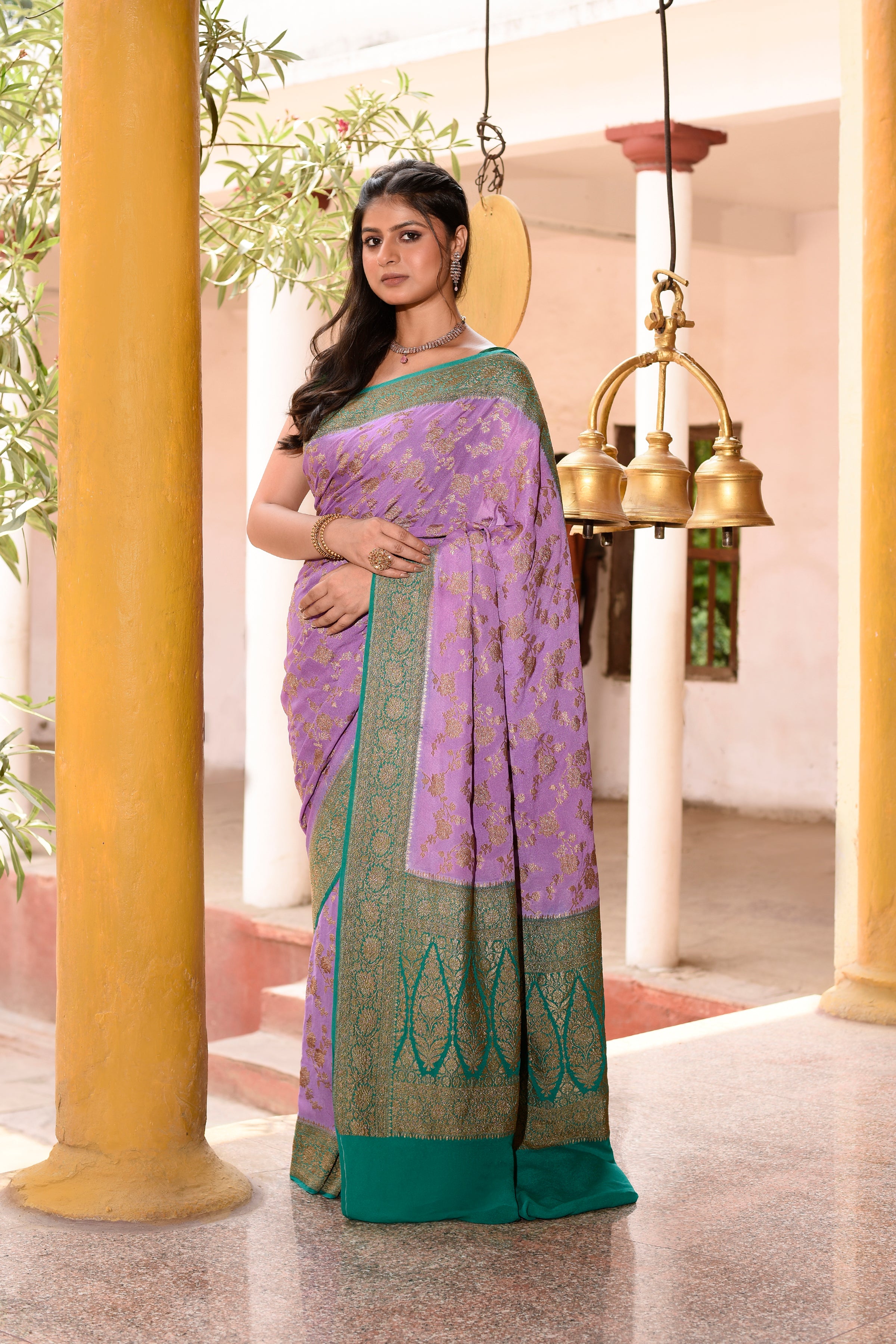 Purple Banarasi Crape Chiffon Silk Saree