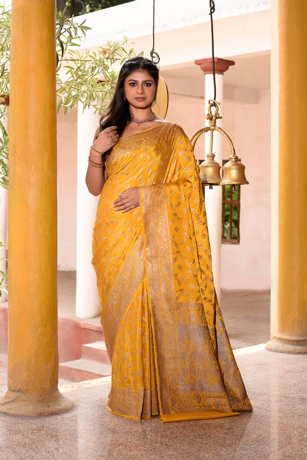 Golden Mustard Banarasi Crape Chiffon Silk Saree