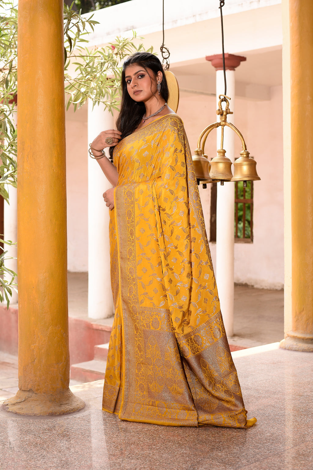 Golden Mustard Banarasi Crape Chiffon Silk Saree