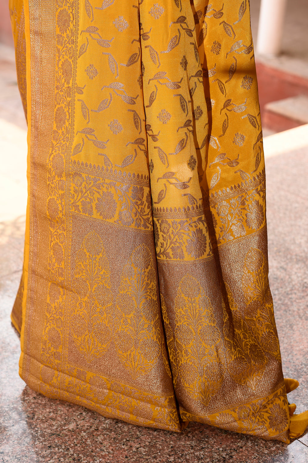 Golden Mustard Banarasi Crape Chiffon Silk Saree