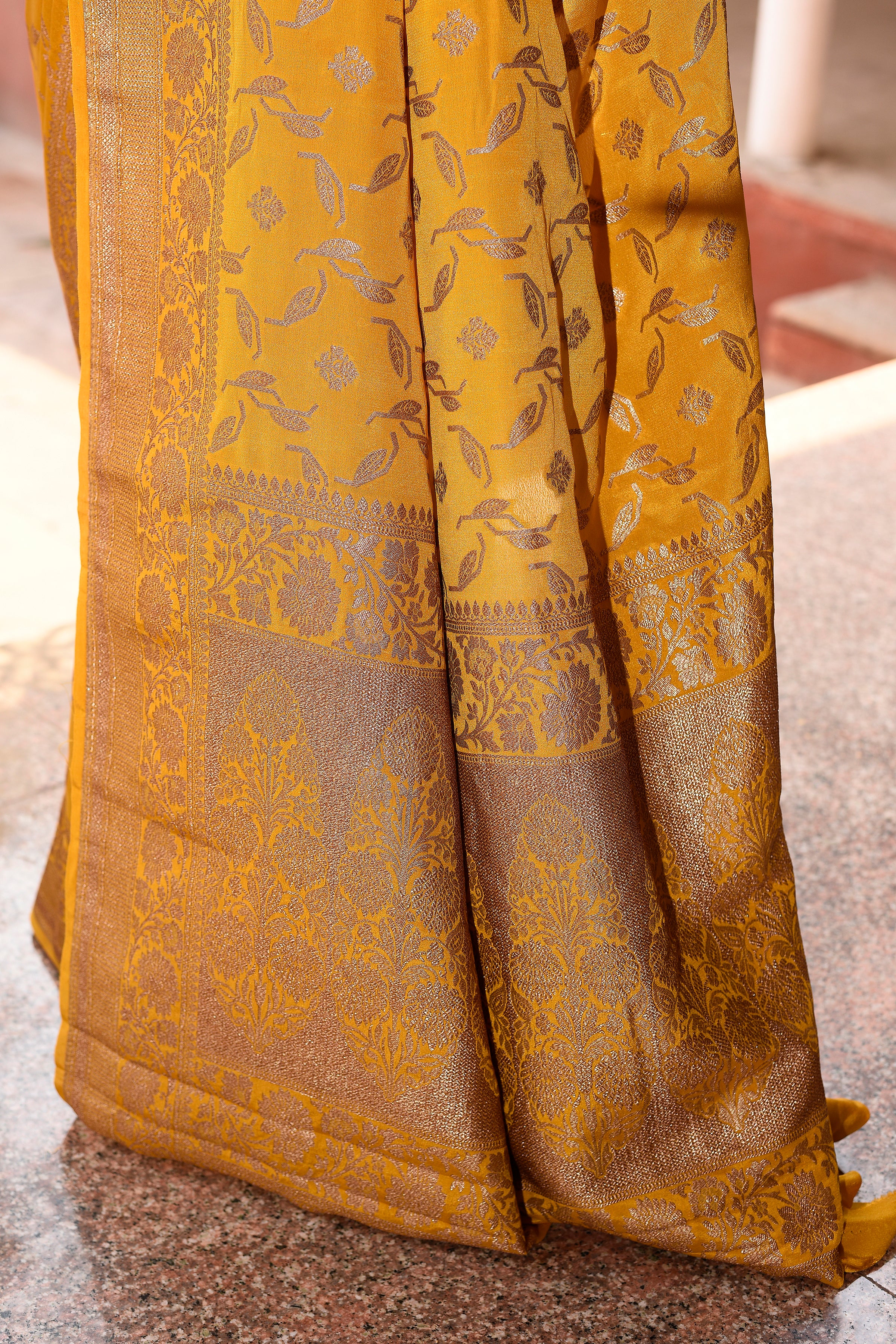 Golden Mustard Banarasi Crape Chiffon Silk Saree