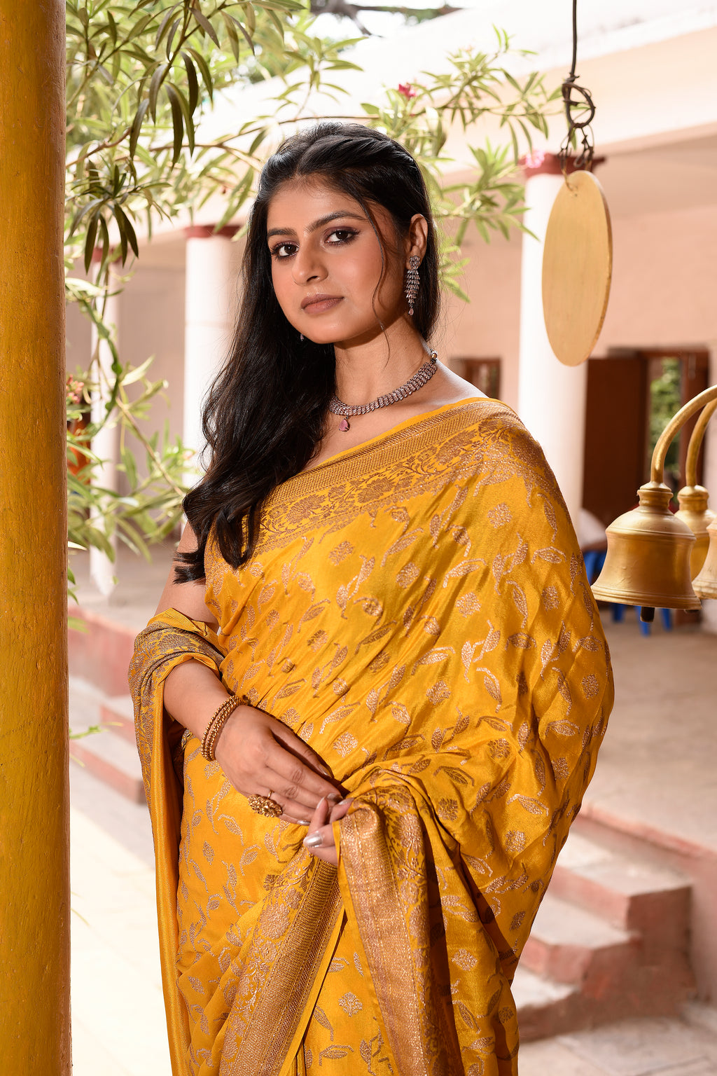 Golden Mustard Banarasi Crape Chiffon Silk Saree