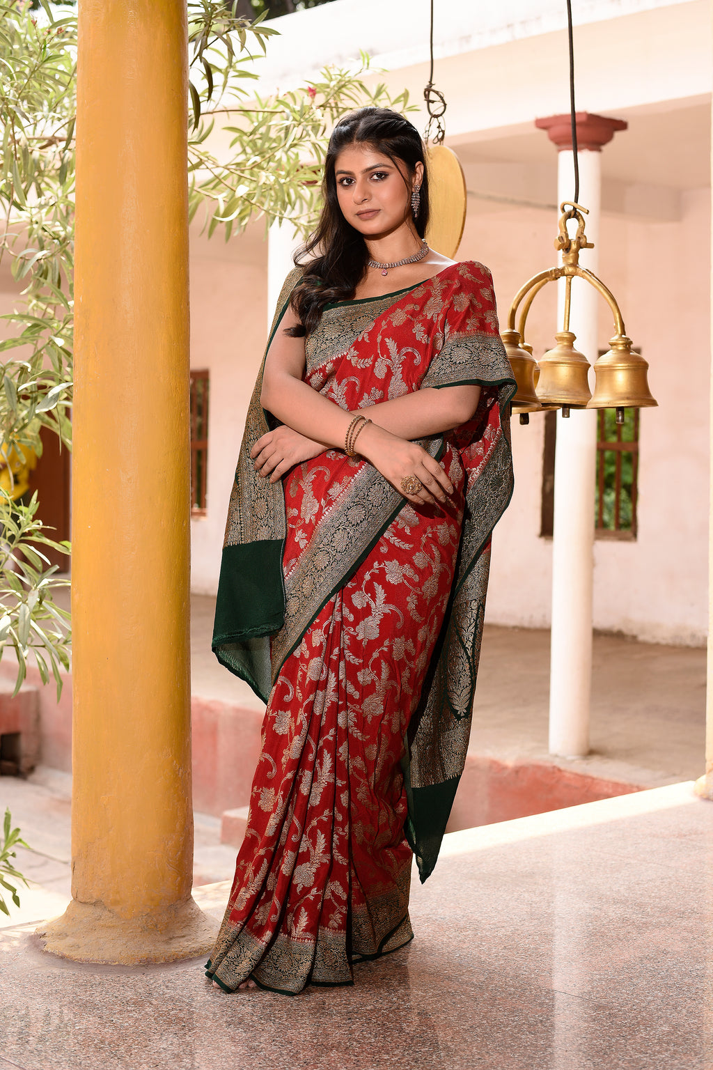 Crimson Red Banarasi Crape Chiffon Silk Saree