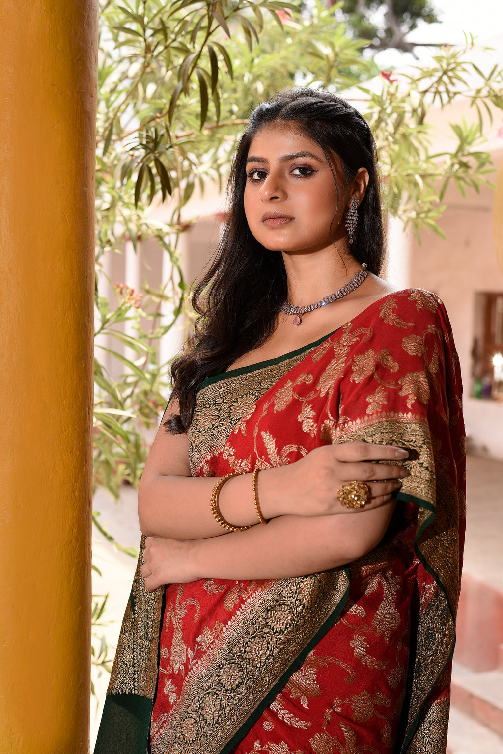 Crimson Red Banarasi Crape Chiffon Silk Saree