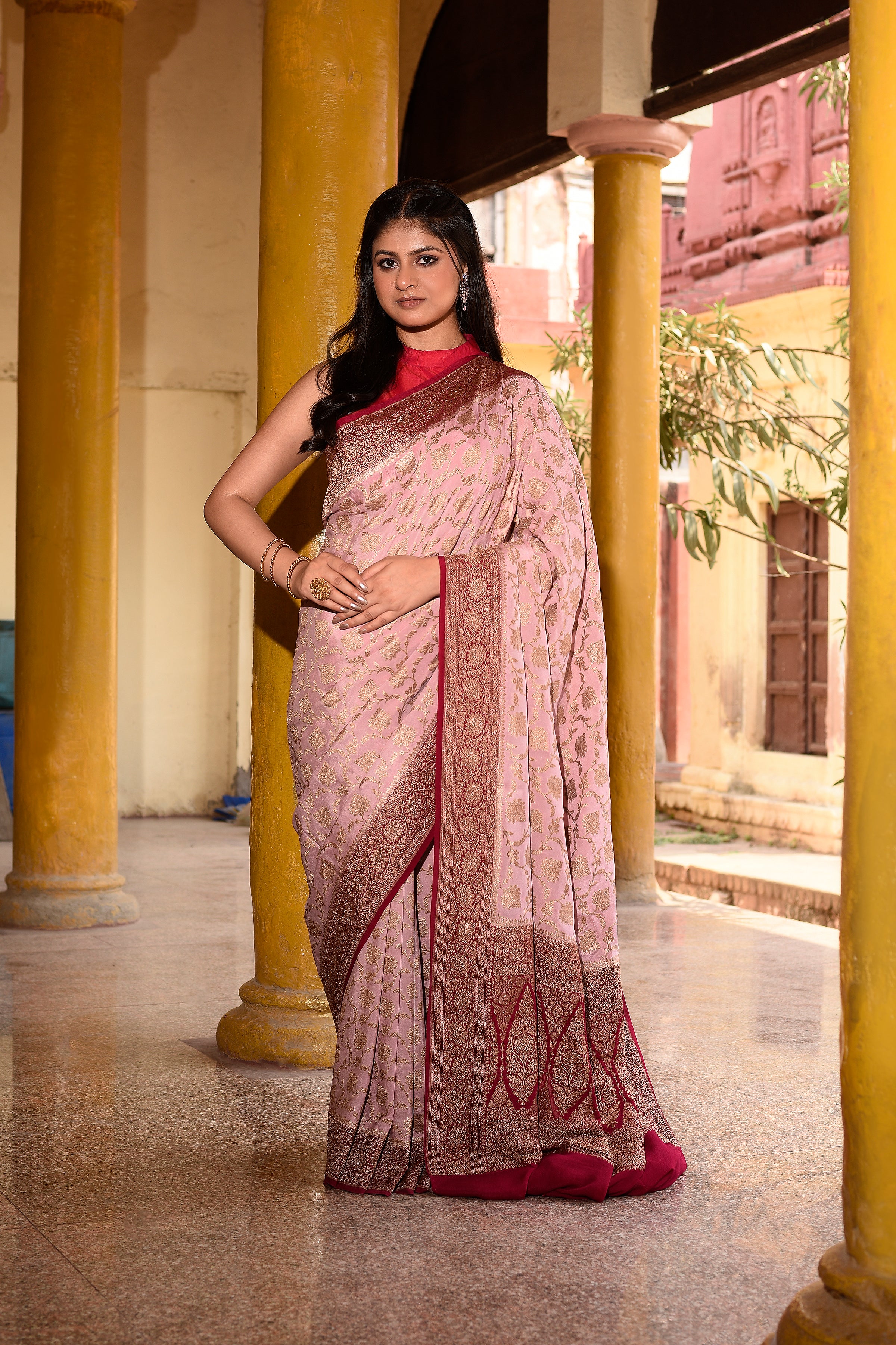 Pastel Pink Banarasi Crape Chiffon Silk Saree