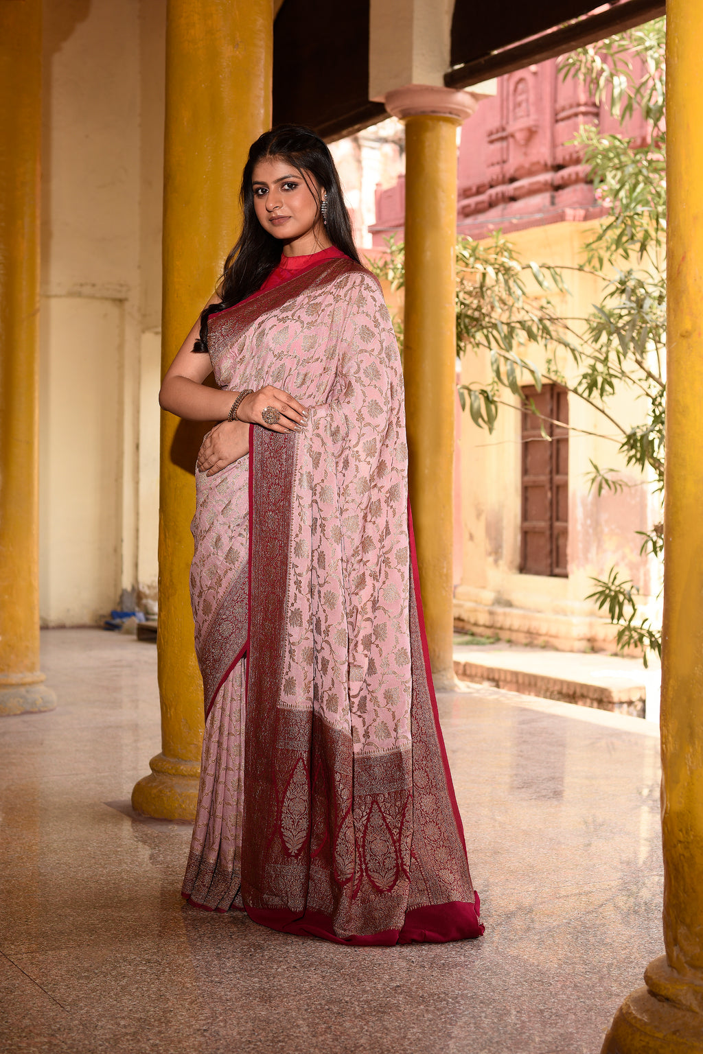 Pastel Pink Banarasi Crape Chiffon Silk Saree