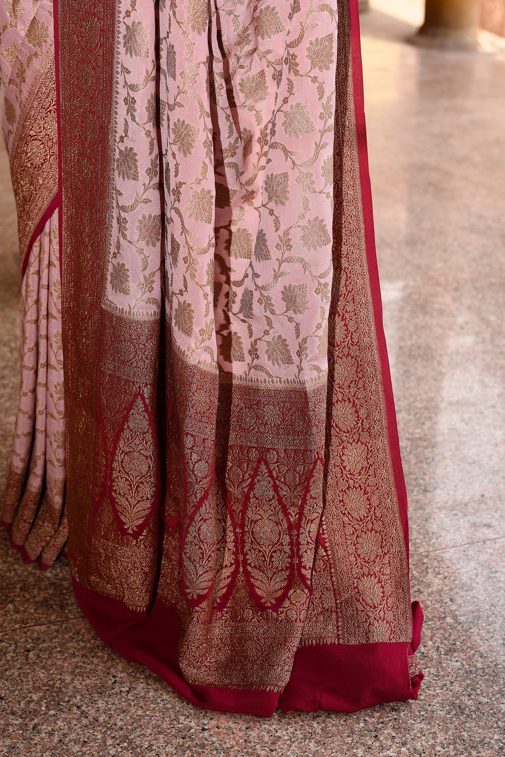 Pastel Pink Banarasi Crape Chiffon Silk Saree