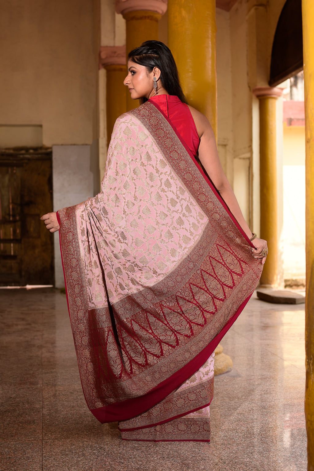 Pastel Pink Banarasi Crape Chiffon Silk Saree