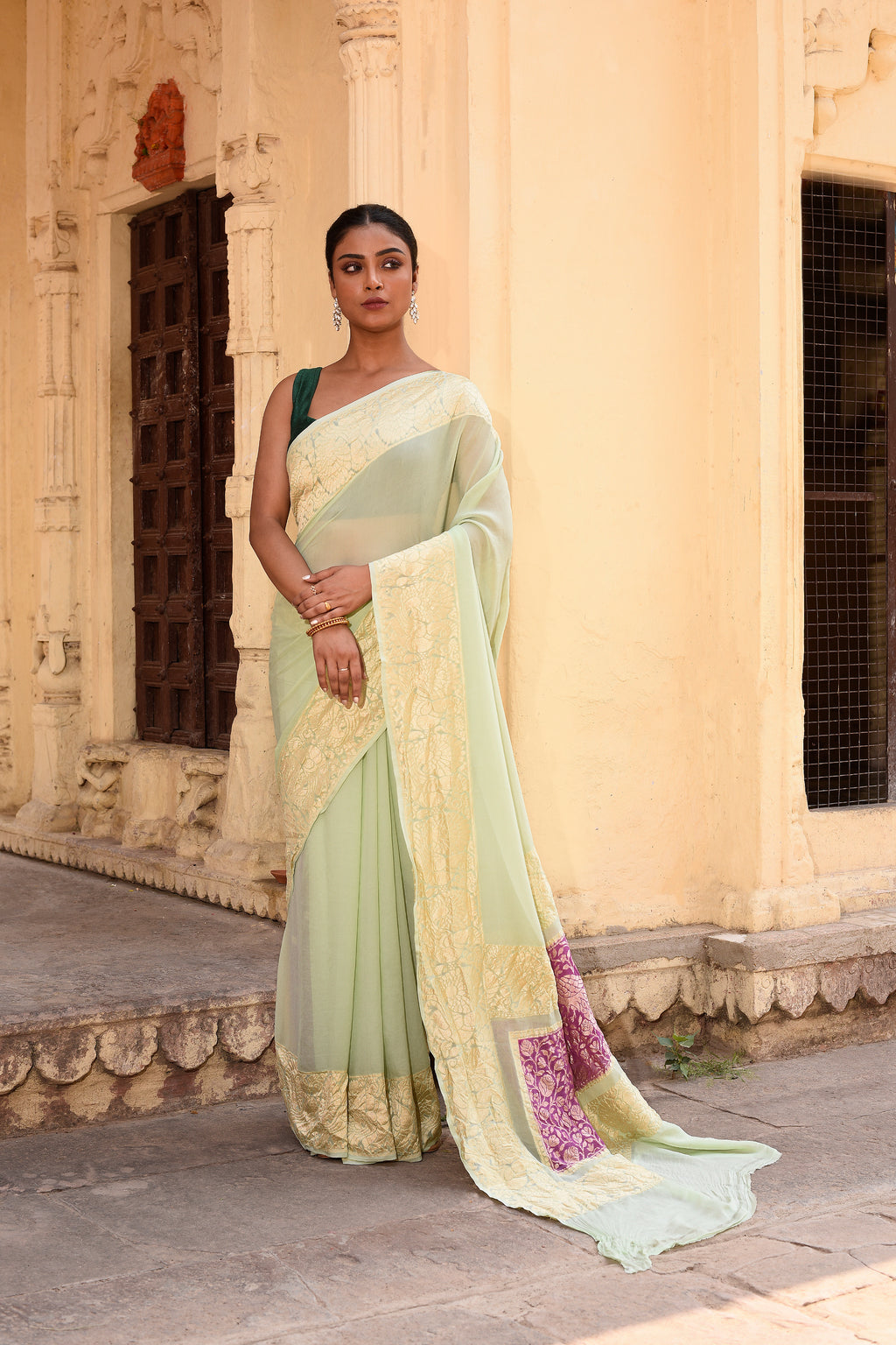 Mint Green Banarasi Crape Chiffon Silk Saree