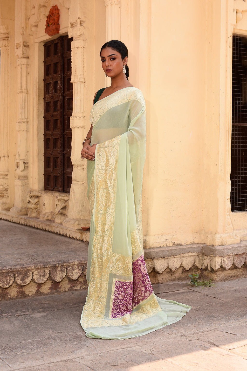 Mint Green Banarasi Crape Chiffon Silk Saree