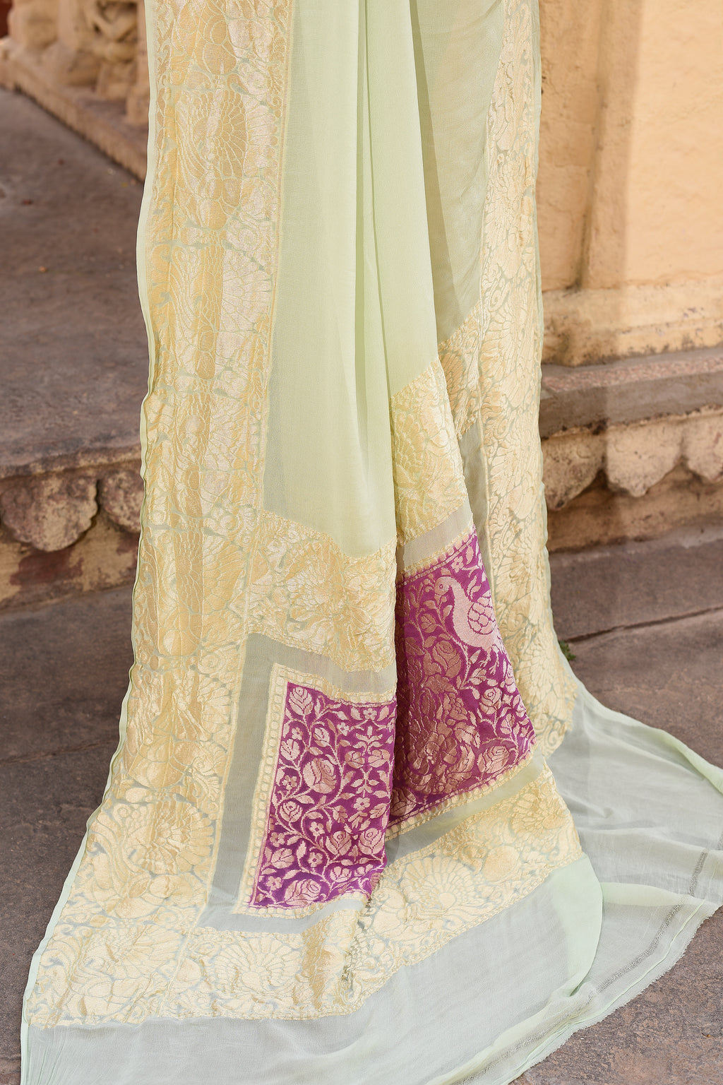 Mint Green Banarasi Crape Chiffon Silk Saree