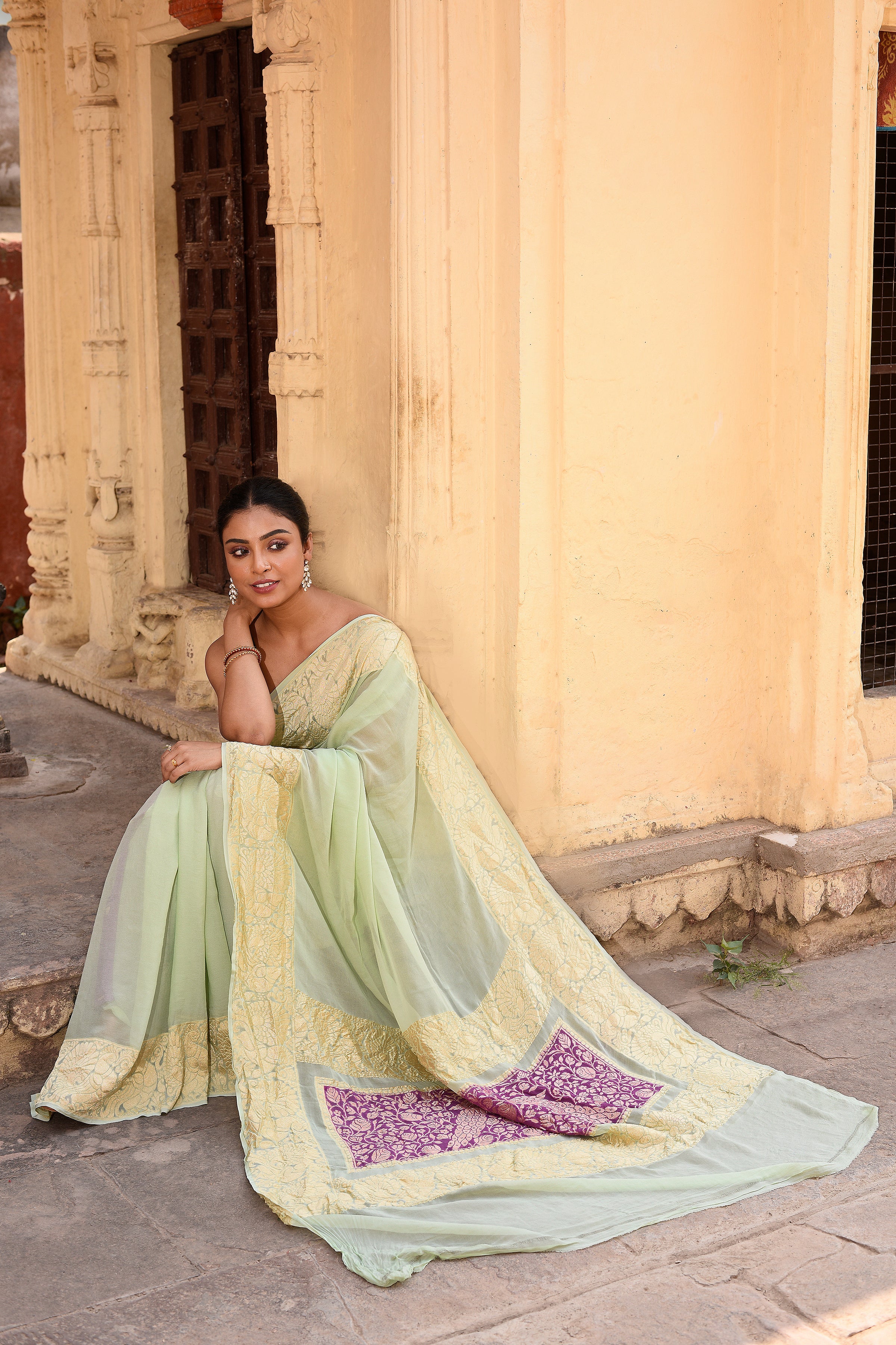 Mint Green Banarasi Crape Chiffon Silk Saree