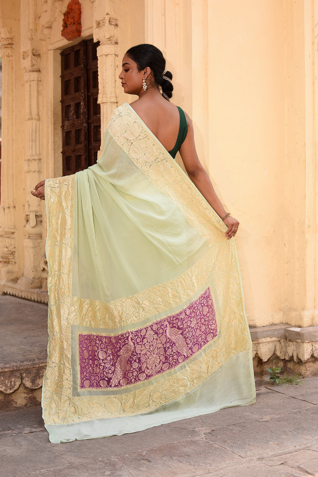 Mint Green Banarasi Crape Chiffon Silk Saree