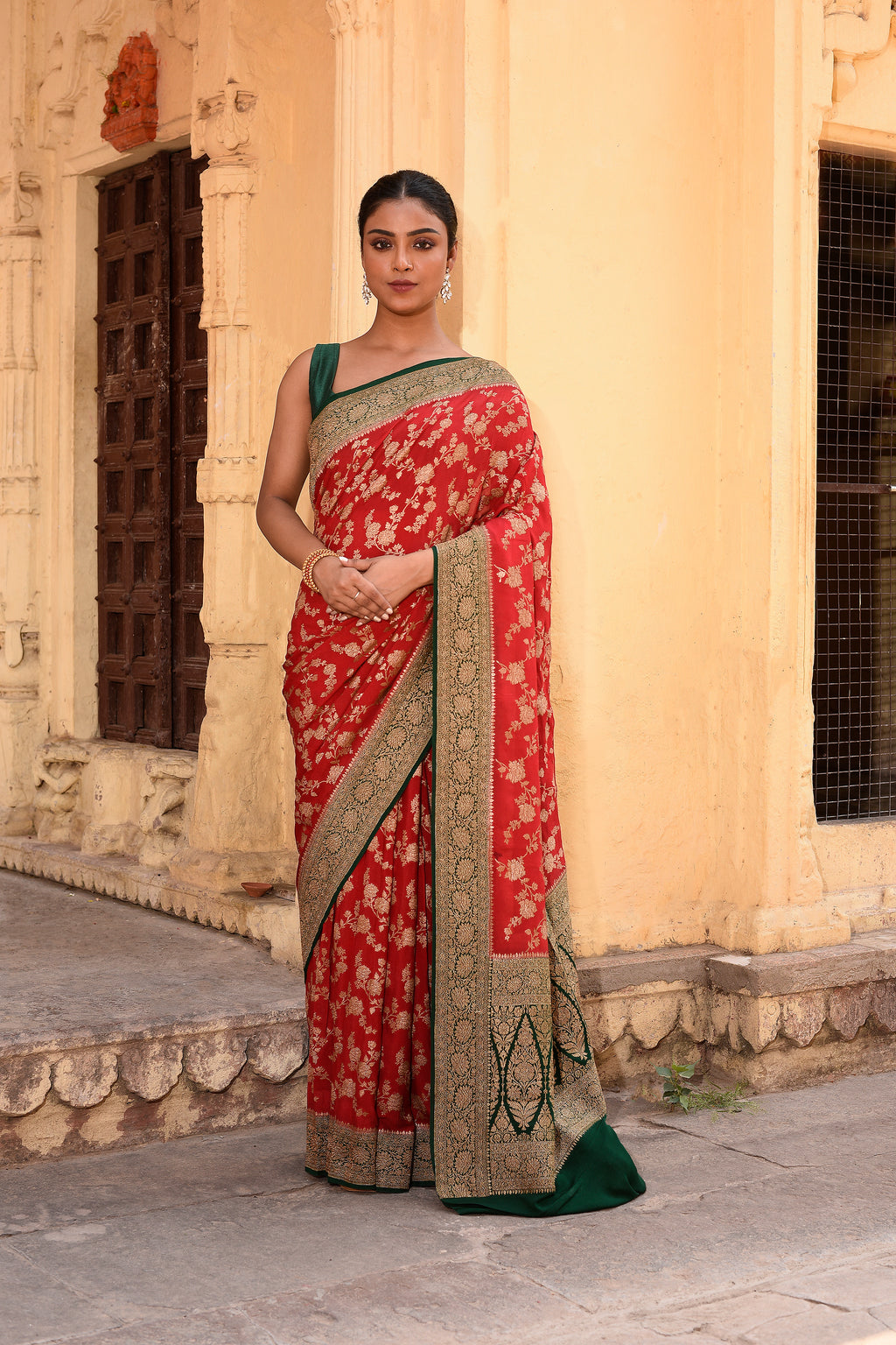 Red Banarasi Crape Chiffon Silk Saree