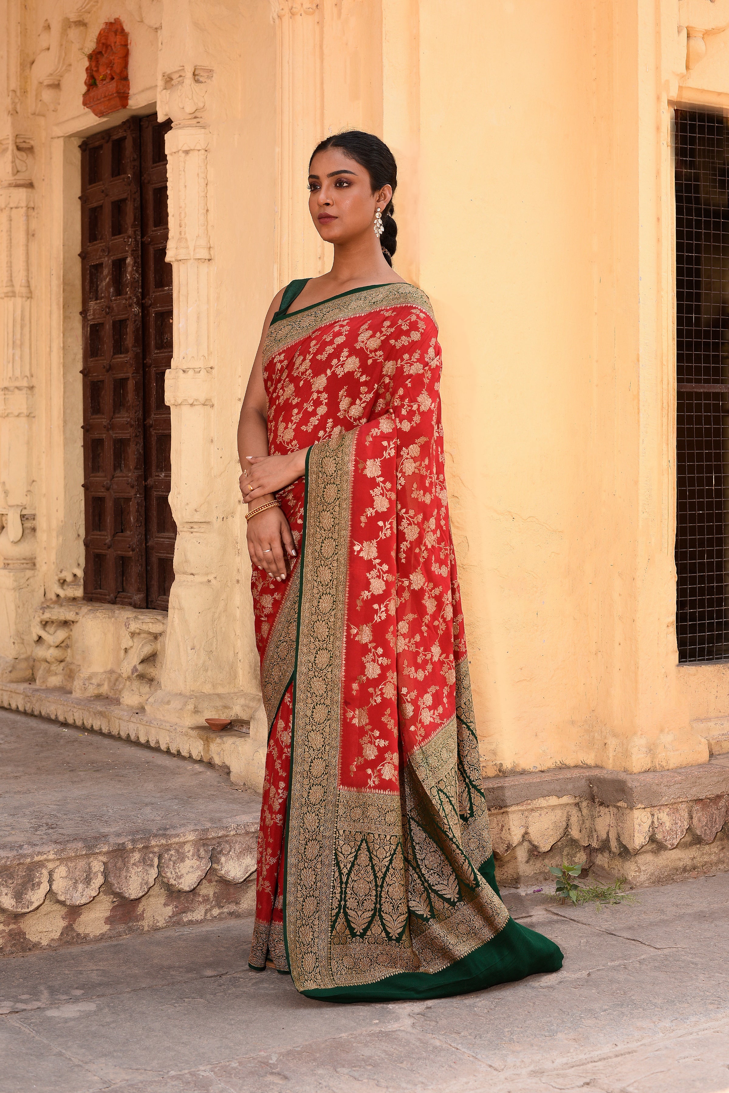 Red Banarasi Crape Chiffon Silk Saree