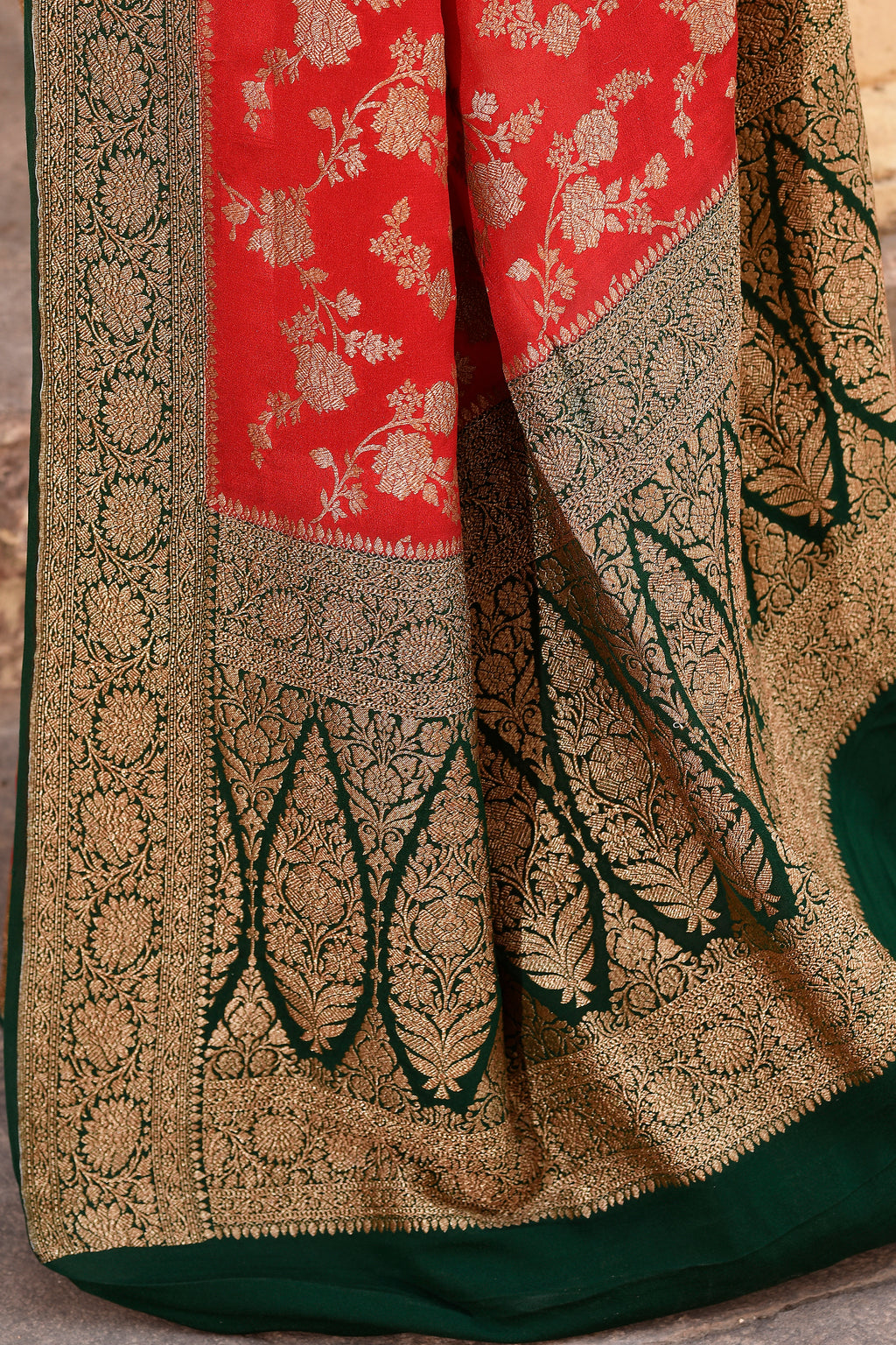 Red Banarasi Crape Chiffon Silk Saree