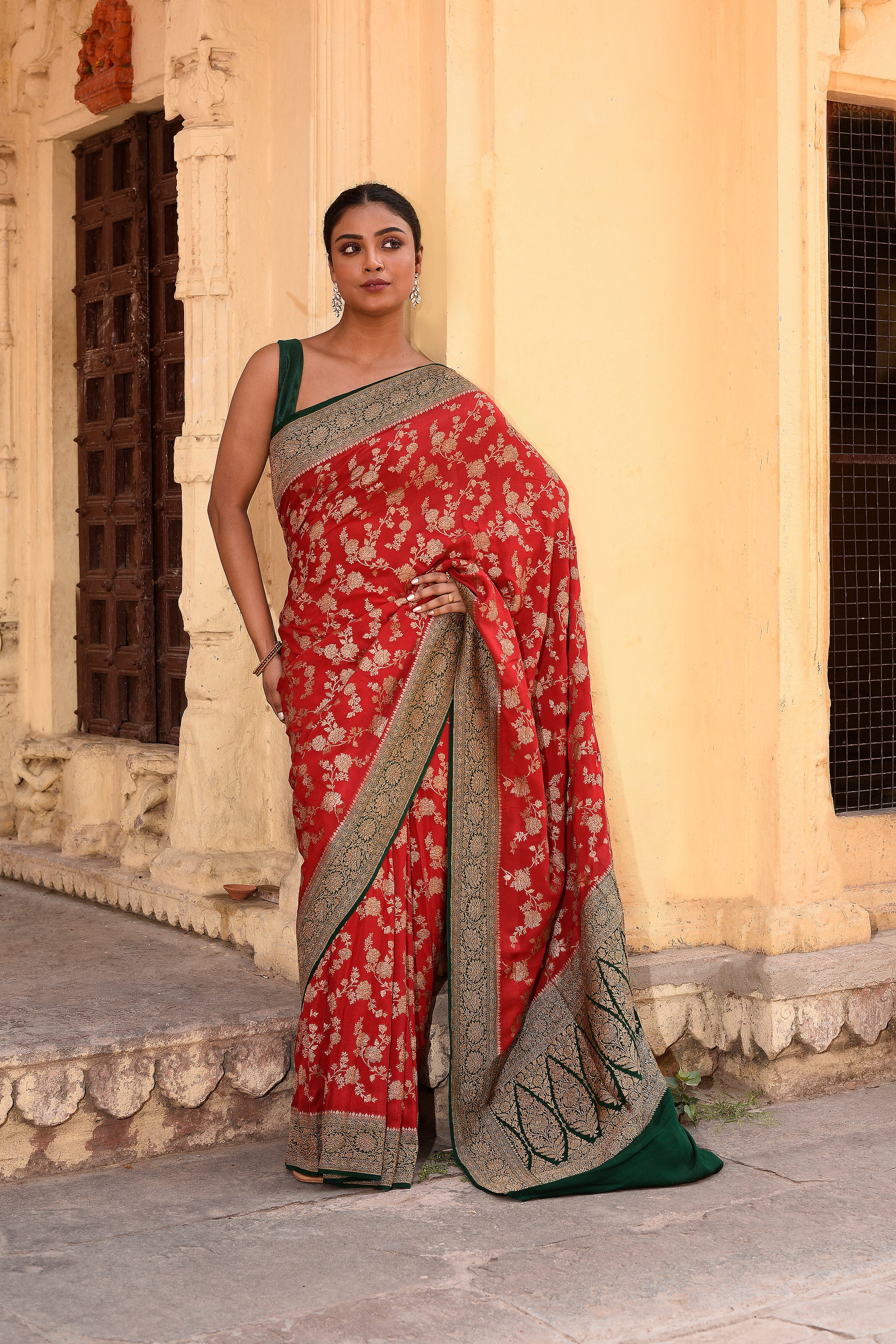 Red Banarasi Crape Chiffon Silk Saree