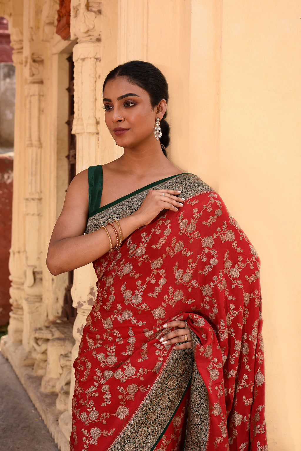Red Banarasi Crape Chiffon Silk Saree