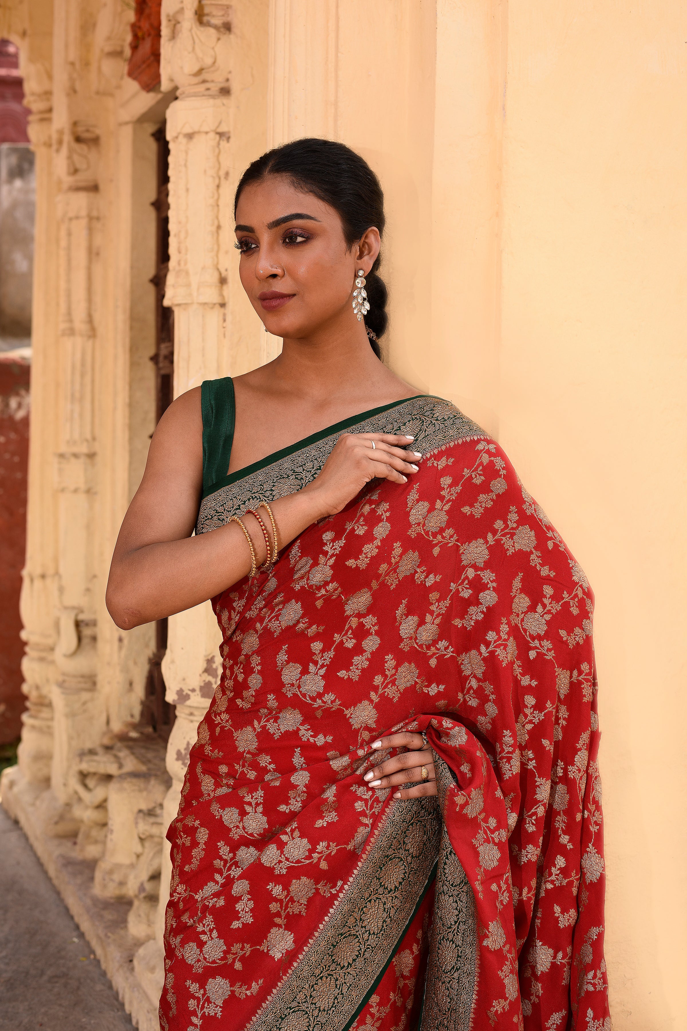 Red Banarasi Crape Chiffon Silk Saree
