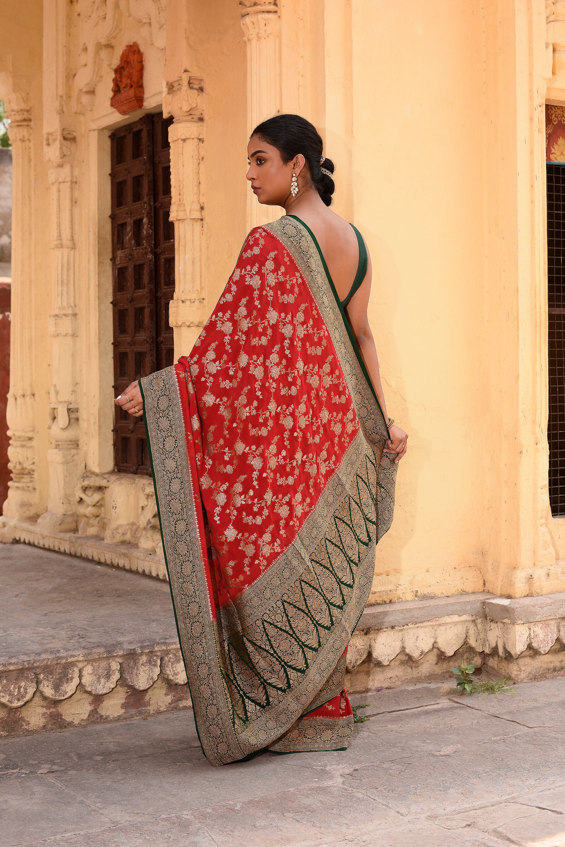 Red Banarasi Crape Chiffon Silk Saree
