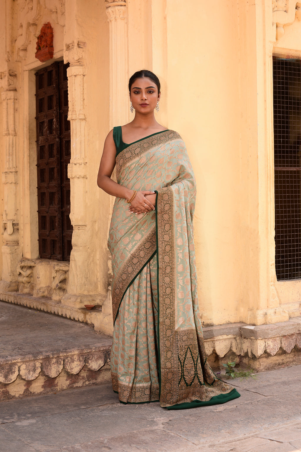 Light Olive Green Banarasi Crape Chiffon Silk Saree