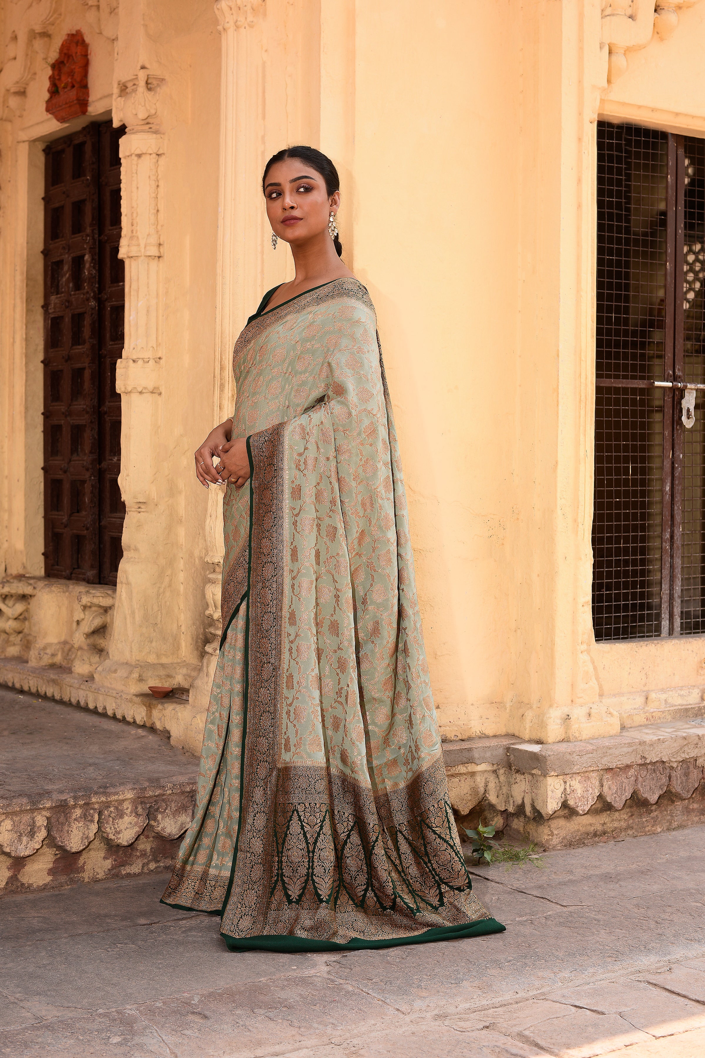 Light Olive Green Banarasi Crape Chiffon Silk Saree